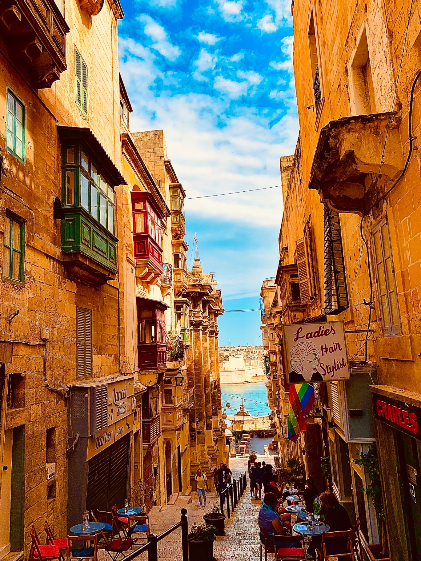 Stepped streets down to the sea in Valletta