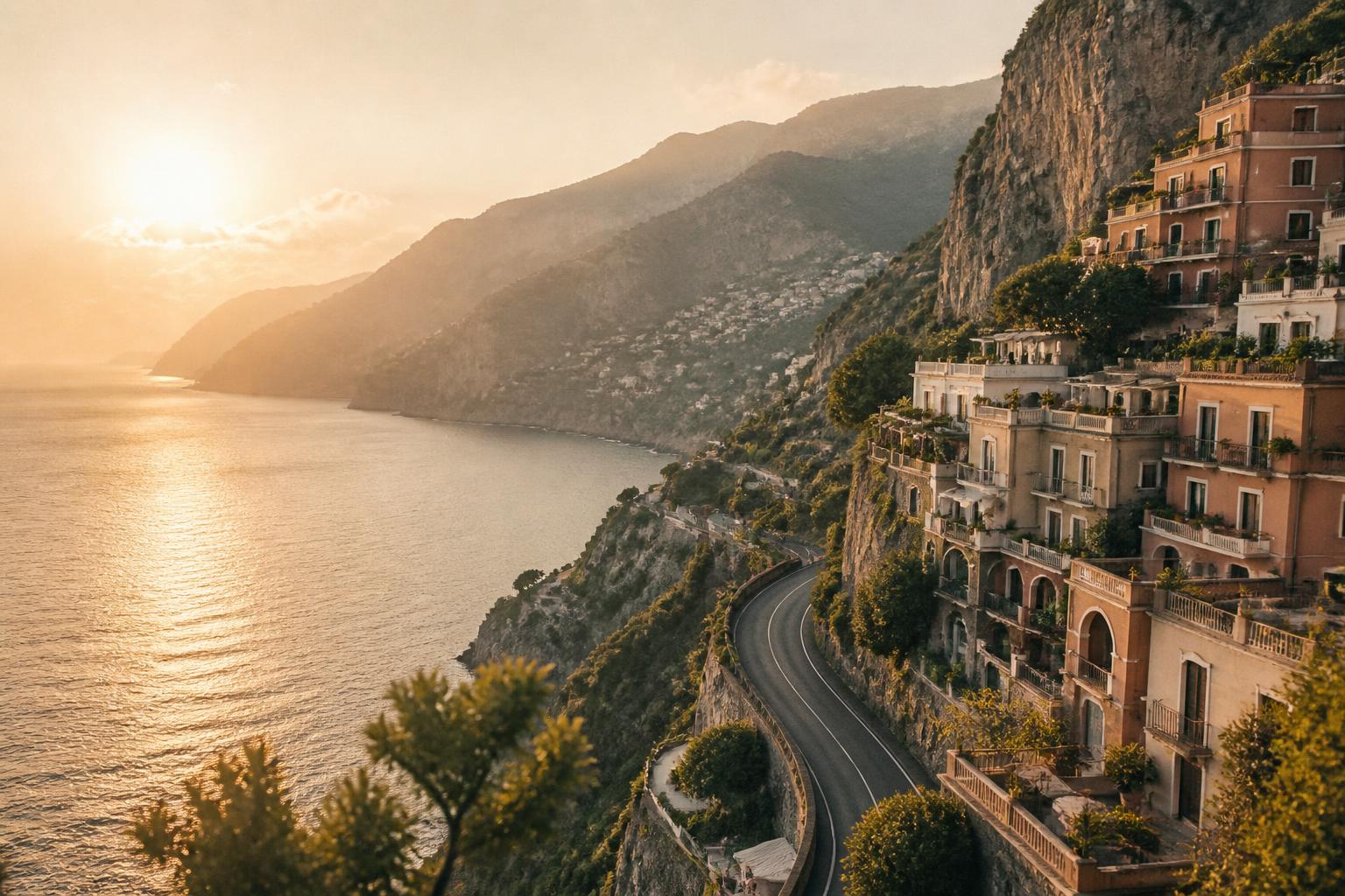 Golden hour over a Mediterranean cliffside coastal village